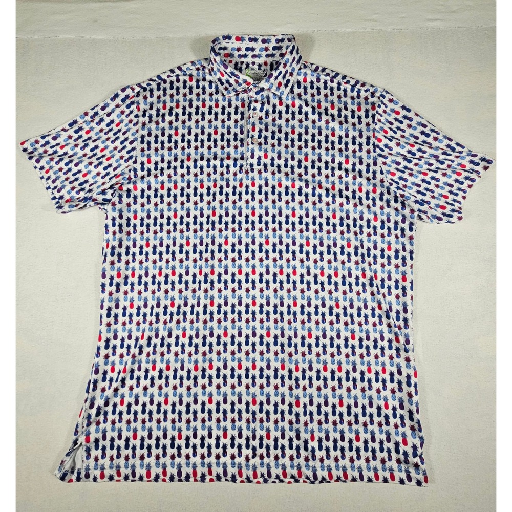 TailorByrd Men XL Pineapple Print Performance Polo Shirt Blue Red SPF 30 Stretch